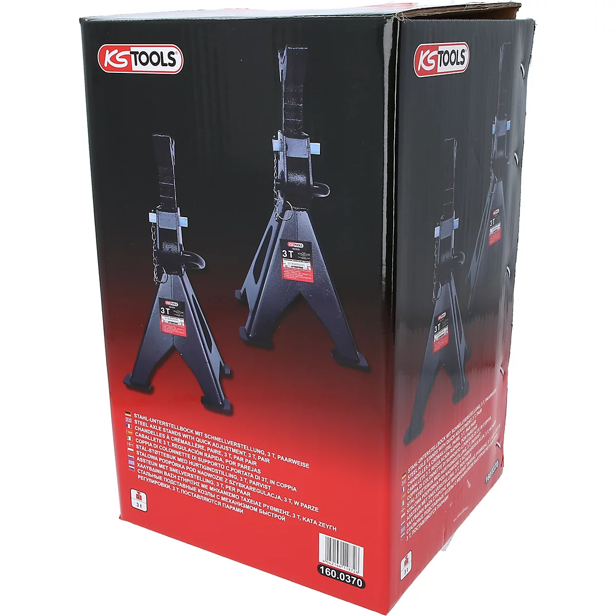 Dunkelblaue KS TOOLS-Produktbox, zeigt zwei montierte 3T-Unterstellböcke. Text und Logo sind deutlich sichtbar.